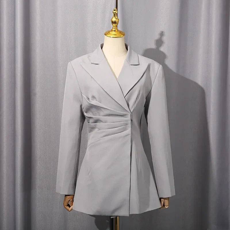Spring Autumn New Women's Blazer Pleated Waist Cinching Slim Fit Solid Color Elegant Fashion Office Lady Trend Coat HK15496