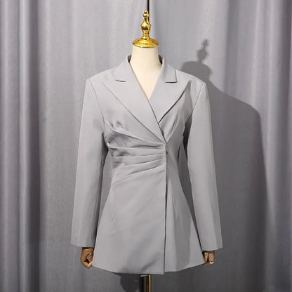Spring Autumn New Women's Blazer Pleated Waist Cinching Slim Fit Solid Color Elegant Fashion Office Lady Trend Coat HK15496