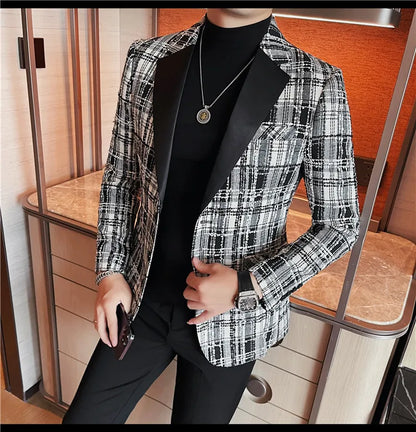 British Style Woven Suit Jacket Men Fashion Plaid Casual Business Blazer Gentleman Versatile Banquet Party Groom Wedding Coats