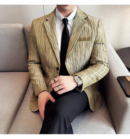 Korean Trend 3D Pleated Suit Jacket for Men Wedding Groom Business Dress Jacket Casual Banquet Party Host Blazer Masculino