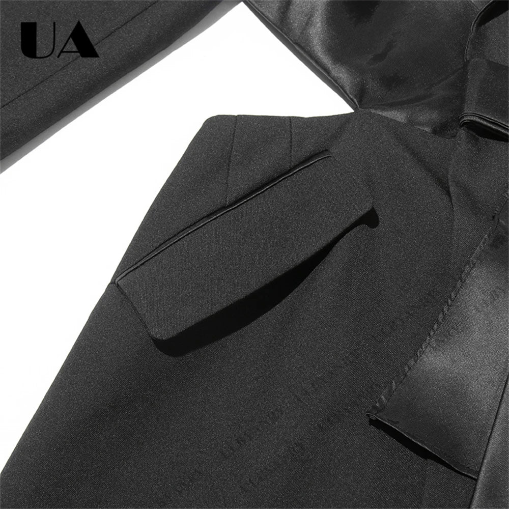 Womens Black Blazer with Satin Ruffle Waist Tie and Peak Lapel Events Gala Birthday Prom Party Suit Attire Slim Fitting