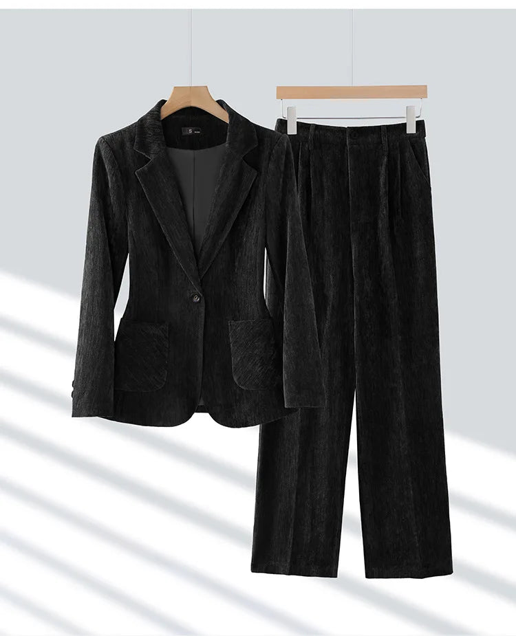 2024 Autumn New Corduroy Elegant Pant Suit Ladies Formal Business Work Wear 2 Piece Set Black Coffee Jacket Blazer And Trouser