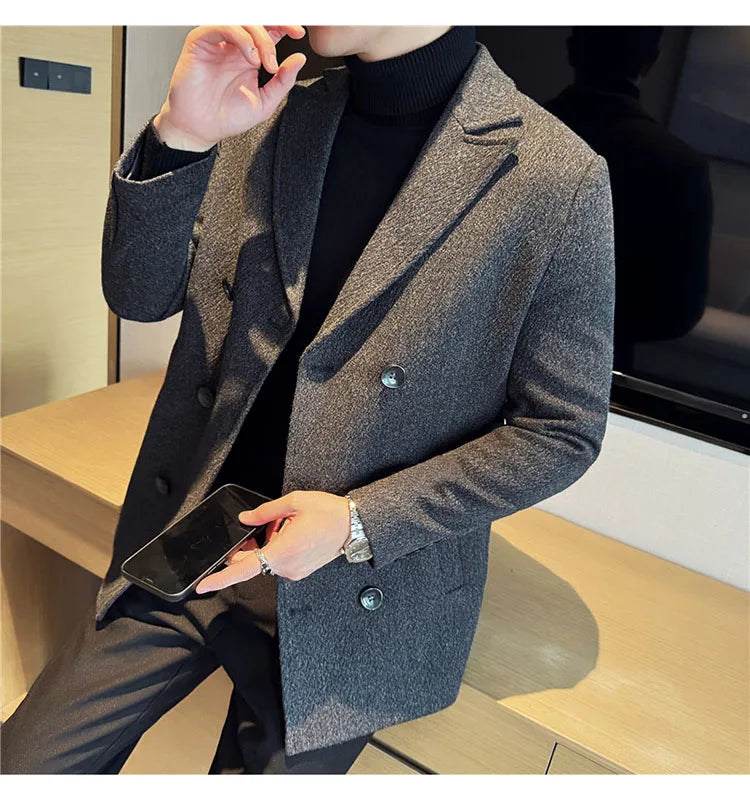 British Style Winter Double Breasted Woolen Suit Jackets Men Thick Warm Wedding Business Blazers Solid Color Casual Dress Coat