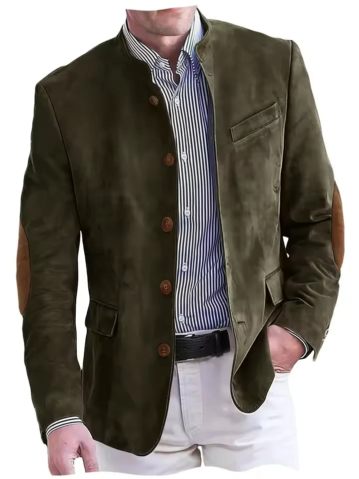 Vintage Men's Suede Blazer Elbow Patch Slim Fit Mandarin Collar Textured Fabric Jacket Business Casual Wedding Party Coat