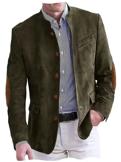 Vintage Men's Suede Blazer Elbow Patch Slim Fit Mandarin Collar Textured Fabric Jacket Business Casual Wedding Party Coat