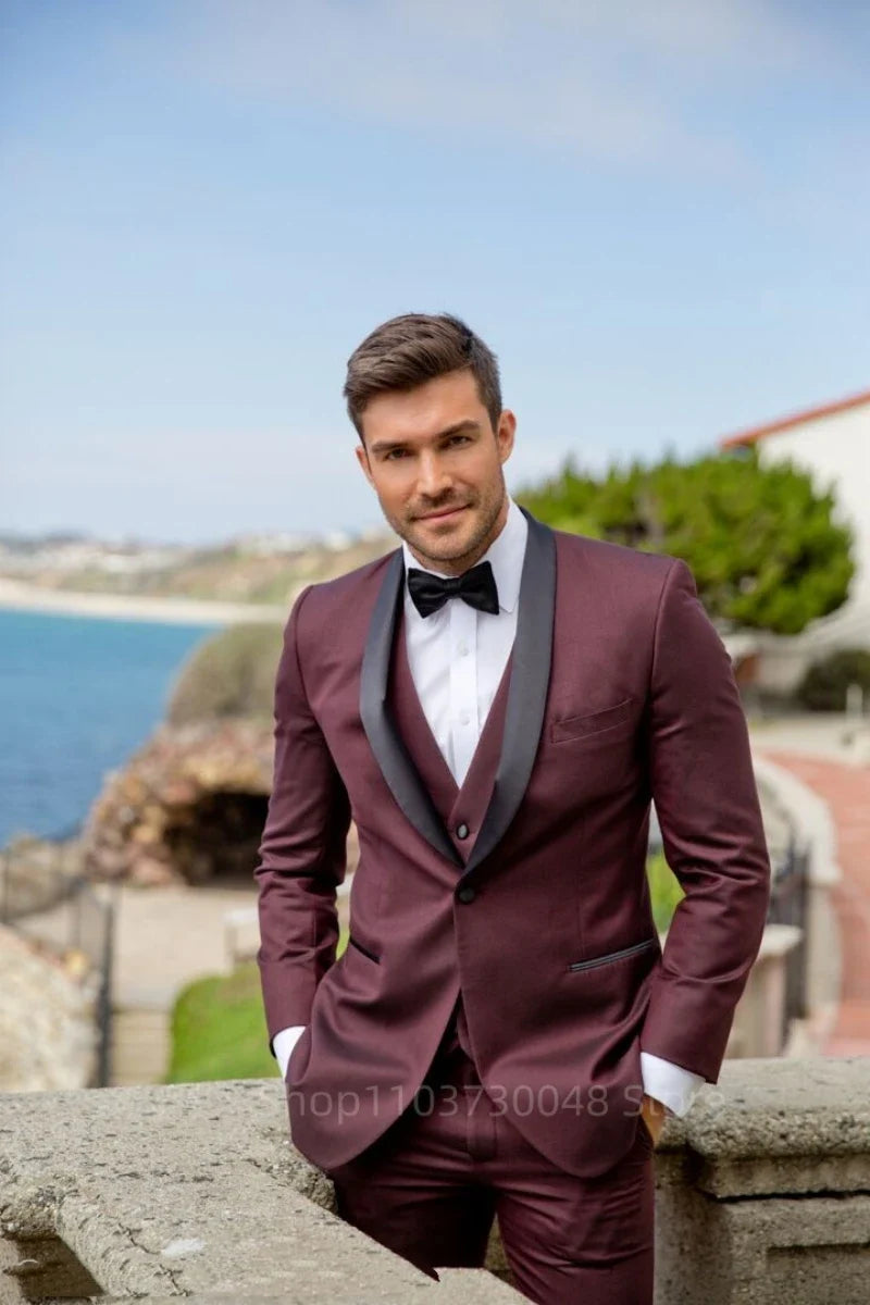 Classic Style 3 Piece Slim Fit Dark Burgundy Men's Tuxedo Suit Shawl Lapel Single Breasted Blazer Vest Pants Set for Party Groom