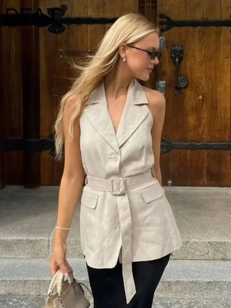 Women Solid Halter Neck Sleeveless Linen Blend Blazer Vest Waist Belted Single Button Longline Office Casual Top 2026