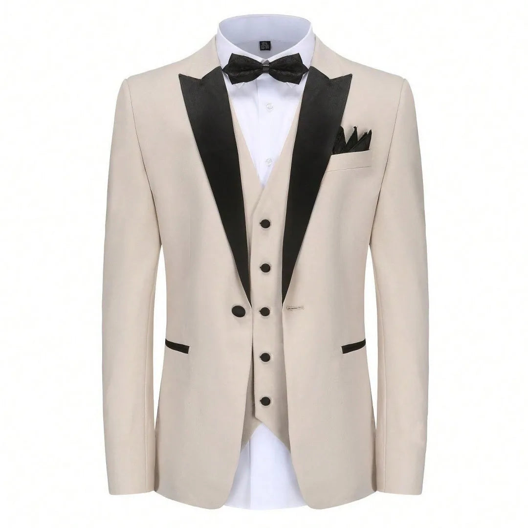 Men Suit 3 Pieces Beige With Black Lapel Single Button For Wedding Business Banquet Party Work Office Jacket Vest Pnats