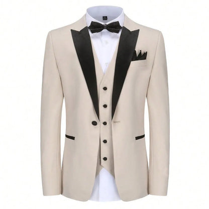 Men Suit 3 Pieces Beige With Black Lapel Single Button For Wedding Business Banquet Party Work Office Jacket Vest Pnats