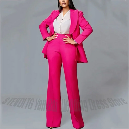 Hot Pink Women's Suit Set 2 Piece High Quality Regular Fit Peak Lapel Blazer Female Outfit Smart Casual Prom Jacket Pants