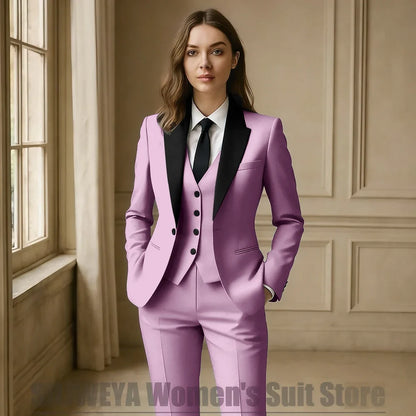 Women Royal Blue 3 Piece Tuxedo Suit Blazer Vest Pants with Black Lapel Slim Fit Formal Party Business Office Outfit