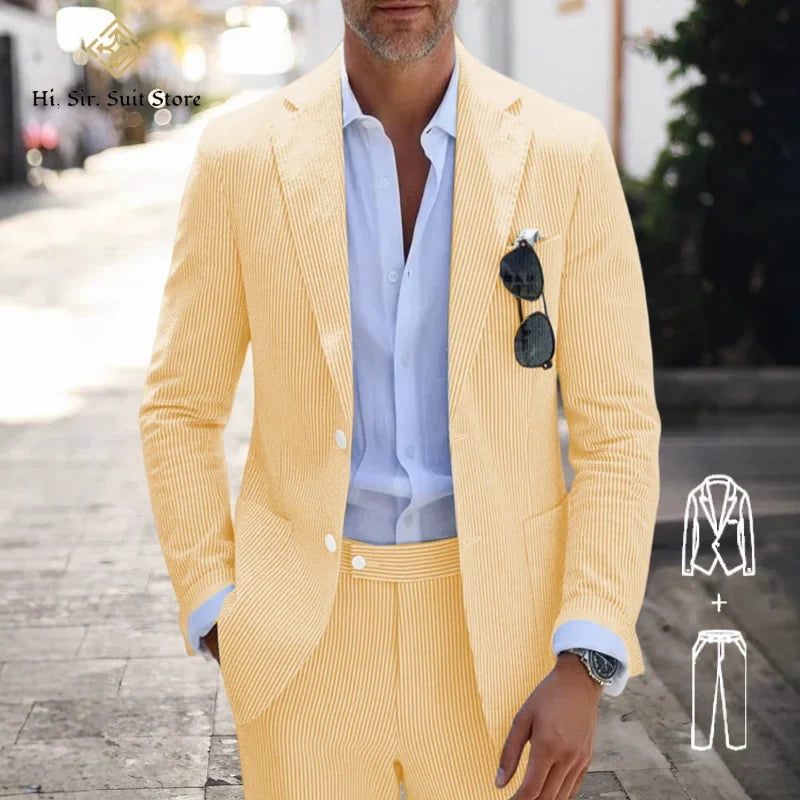 Men's Slim Fit Seersucker 2-Piece Suit Set – Blue Striped Smart Casual & Wedding