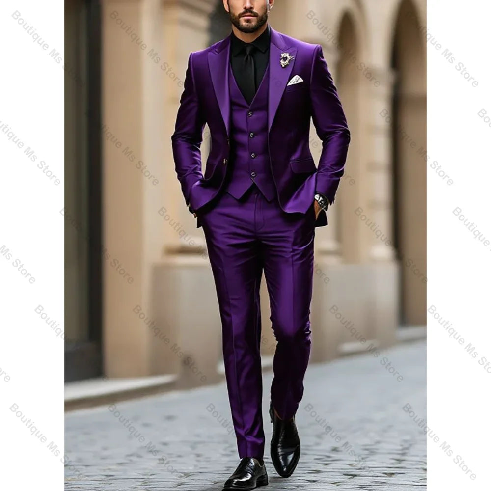 Purple Men Suit Single-breasted Peak Lapel 3 Pieces(Jacket+Pants+Vest) Male Formal Wedding Party Set