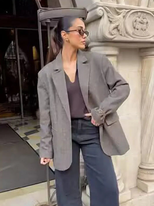 Women 2025 New Fashion Versatile Herringbone Wool Lapel Long Sleeve Blazer Female Commuting High Street Casual Loose Jacket
