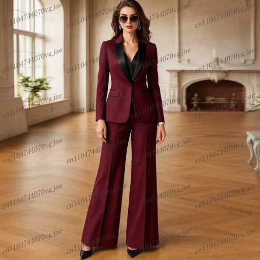 Burgundy And Black Formal Business Women Suit Wedding Party Prom Ladies Mother Girl Tuxedos 3 Piece Set Blazer Vest Pants