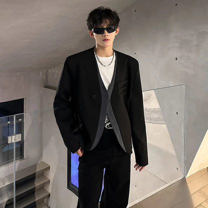 Color Contrast Fake Two Piece Design Handsome Korean Blazer Jacket Men Stylish Elegant V Neck Casual Male Clothes JY5226