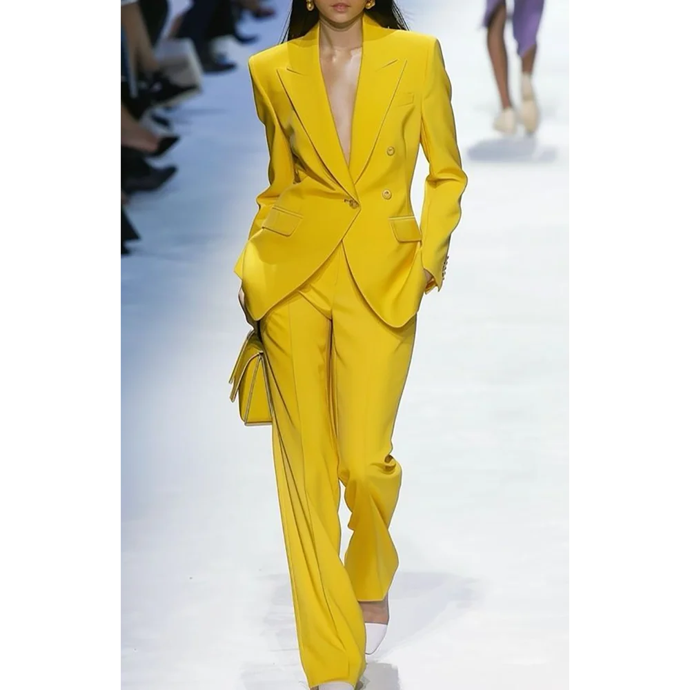 Fashion Show Women's Suit Straight Casual Single Button Peaked Lapel Blazer Pants Set Elegant Lady Formal Two Pieces Outfit