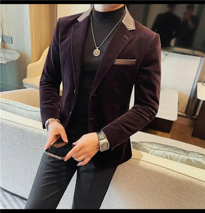 Autumn Winter Corduroy Suit Coat For Men Korean Elegant Slim Fit Business Formal Dress Coats Groom Wedding Tuxedo Suit Jacket