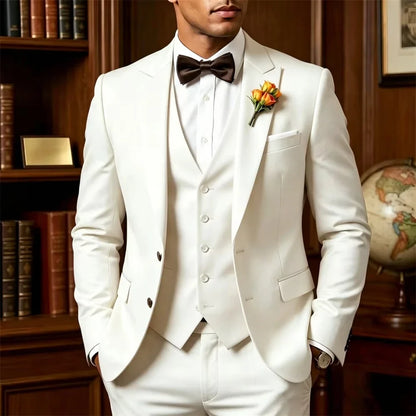 Elegant Luxury White Men's Suits 3 Pcs Jacket+Vest+Pant New Formal Slim Fit Bespoke Office Event