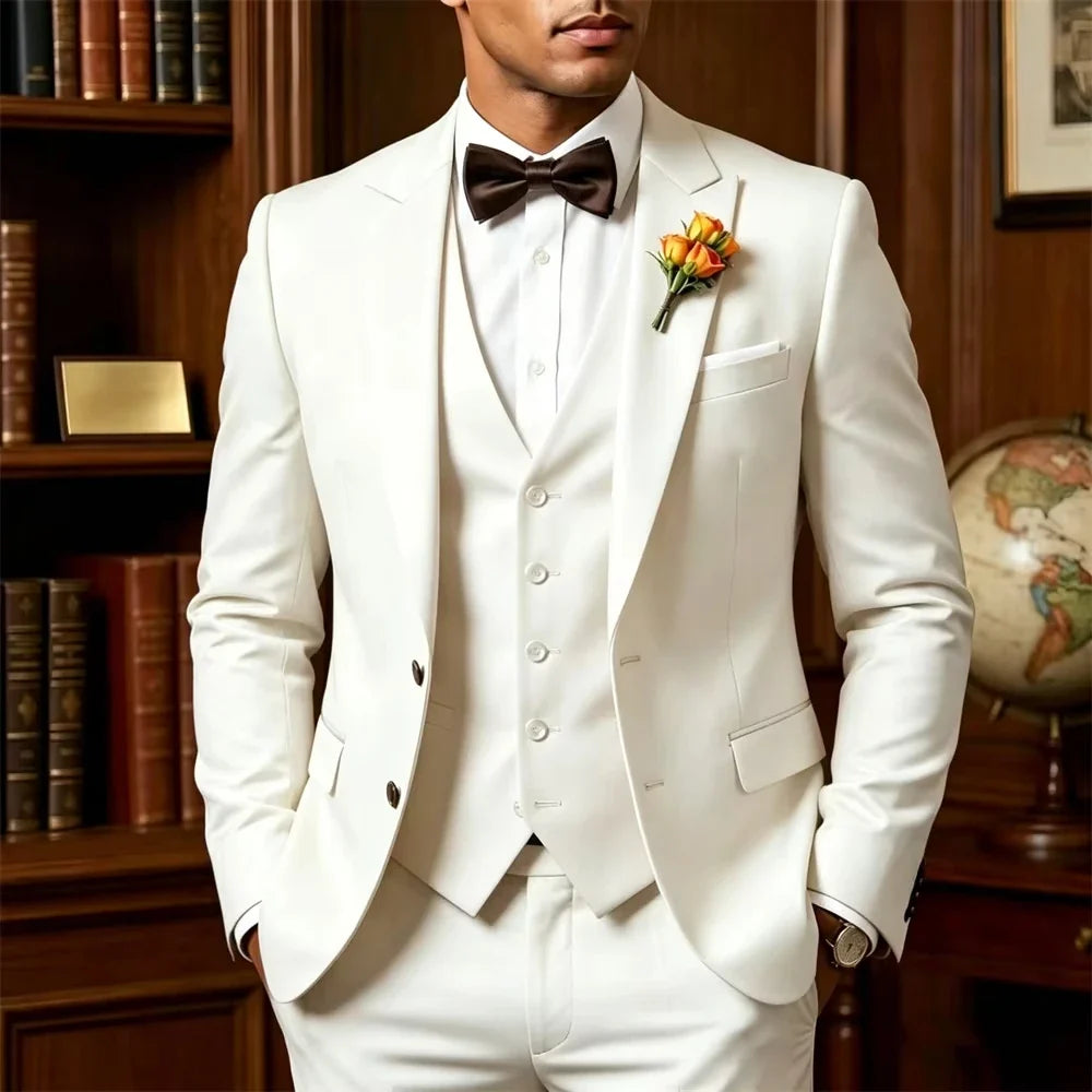 Elegant Luxury White Men's Suits 3 Pcs Jacket+Vest+Pant New Formal Slim Fit Bespoke Office Event