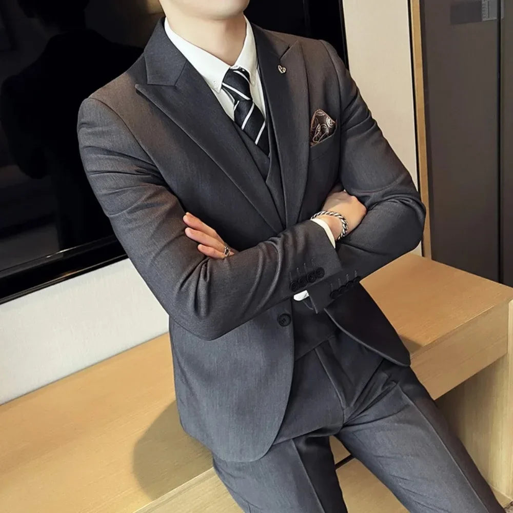 Men's Double Breasted Trench Coat Suit Casual Simple Blazer Vest Pants High Quality Recent Design Matching Set