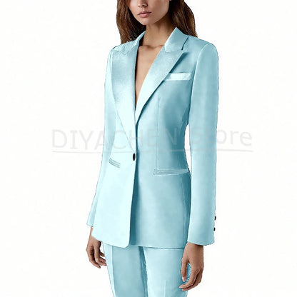 Pants Sets 2 Piece Fashion Satin Peak Lapel Single Button Solid Color Outfits Chic Casual Slim Daily Office Women's Suit