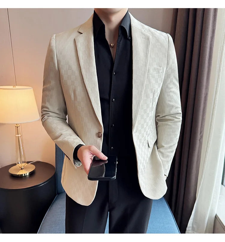 2024 Spring Plaid Blazers Men Single Breasted Casual Business Suit Jacket Fashion Slim Social Banquet Wedding Groom Dress Coats