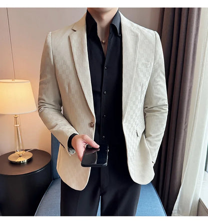 2024 Spring Plaid Blazers Men Single Breasted Casual Business Suit Jacket Fashion Slim Social Banquet Wedding Groom Dress Coats