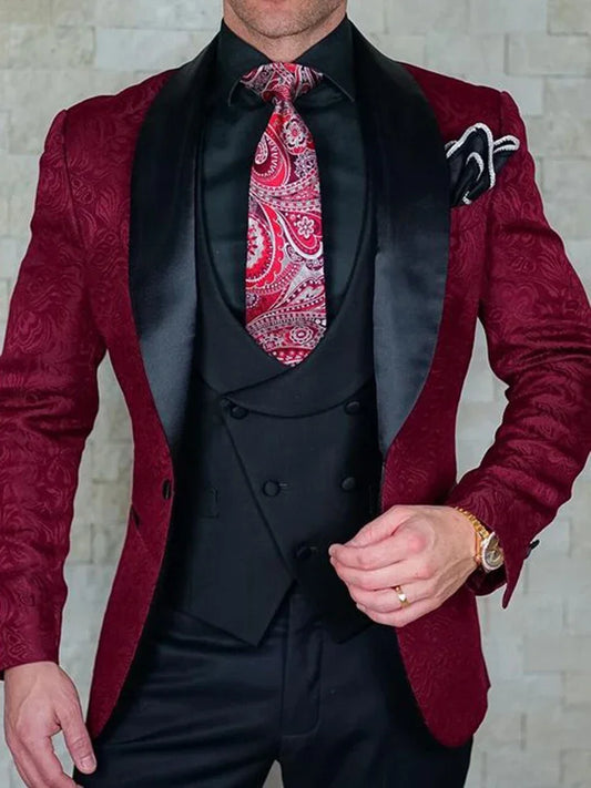 Custom Made Jacquard Wedding Groom Slim Fit Men wedding Suits with Shawl Lapel 3 Pieces (Blazer+Vest+Pants ) Costume Homme