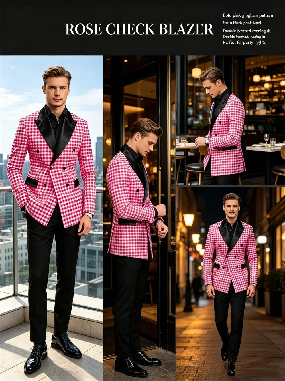 Men's Checkered Double Breasted Blazer Tailored Slim Fit Formal Jacket For Wedding Groom Cocktail Event Prom Dinner Party Coat