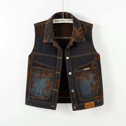 Spring Female Fashion Large Pocket Denim Vest Coat Retro Ladies Flocking Sleeveless Outwear Autumn Women Casual Waistcoat Jacket