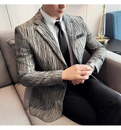 Korean Trend 3D Pleated Suit Jacket for Men Wedding Groom Business Dress Jacket Casual Banquet Party Host Blazer Masculino