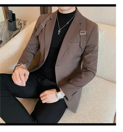 2024 Autumn Winter New Strap Decoration Suit Jacket for Men Fashion Slim Casual Business Blazers Groom Wedding Social Tailcoat