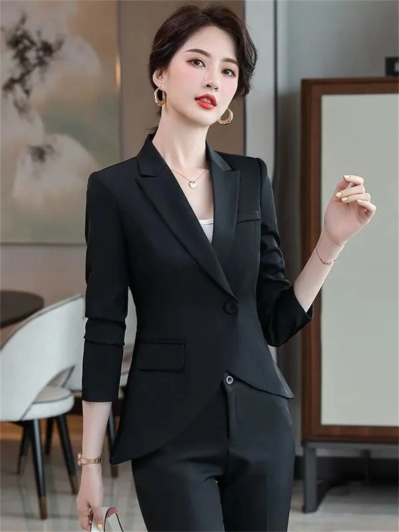 Slim 2 Piece Sets Office Wear Women 2025 New Fashion Turn Down Collar Single Button Blazers Casual Pencil Pant Suits