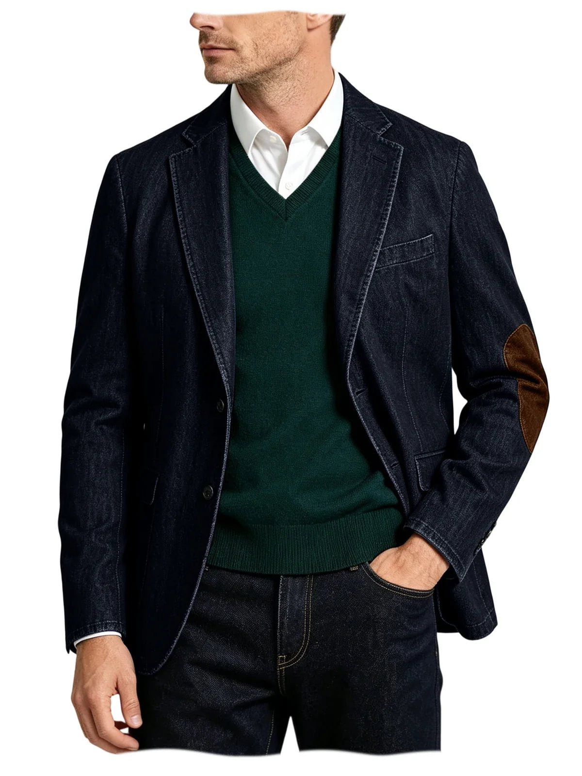 Men's Denim Blazer Suit with Suede Elbow Patches – Slim Fit, Casual & Business Wear