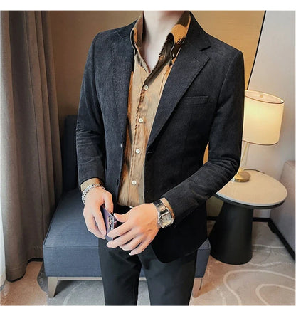 2023 Fashion Men's Corduroy Blazers Top Quality Business Casual Suit Jackets Slim Fit Wedding Groom Streetwear Social Dress Coat