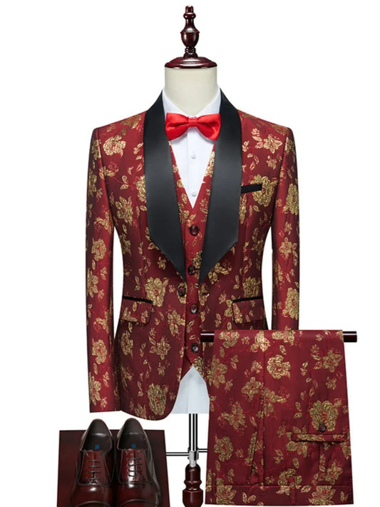 Luxurious Patterned Suit Set 3 Pieces For Men High Quality Man Suits Wedding Groom Sets Plus Size Long Sleeved Tuxedo On Sale