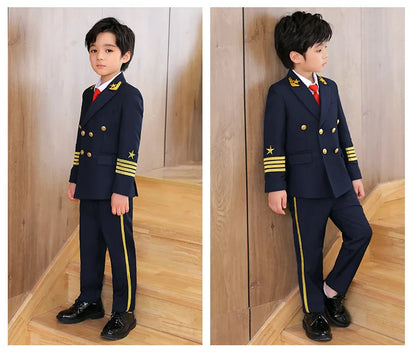 Flower Boys Pilot 3Pieces/Set Jacket Pants Tie Uniform Suit Kids Tuxedo Wedding Dress Children Birhtday Photograph Stage Costume