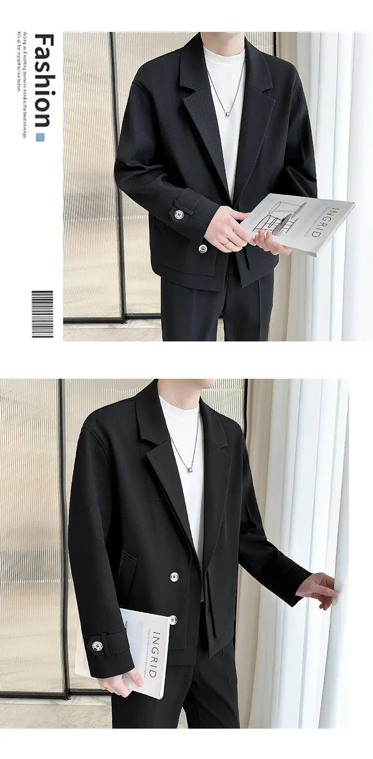 2025 Spring New Fake Two Piece Suit Collar Jacket Men Korean Trend Casual Business Blazers Loose Street Wear Social Jacket