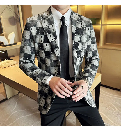 Korean Jacquard Denim Jacket for Men Autumn Winter Casual Business Men Blazers Slim Fit Wedding Social Dress Coat Men Clothing