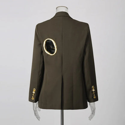 Women Blazer Elegant Fashion Metal Hollow Out Design Long Sleeve Loose Versatile Trendy Suit-Coat Spring Autumn New HK26606