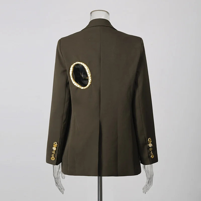 Women Blazer Elegant Fashion Metal Hollow Out Design Long Sleeve Loose Versatile Trendy Suit-Coat Spring Autumn New HK26606