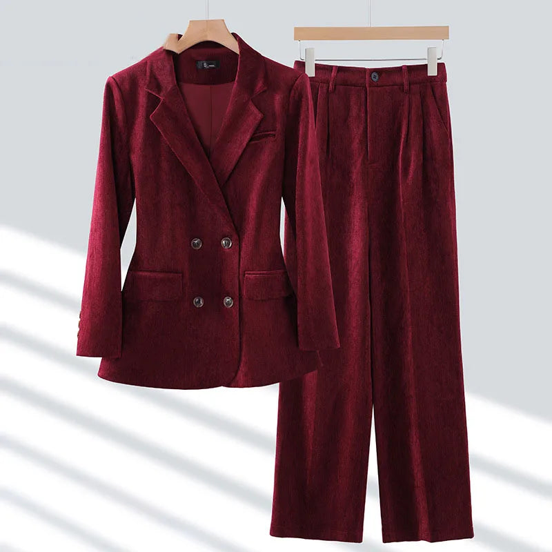 Pleuche Women Suits Office Sets 2024 Autumn New Fashion Notched Double Breasted Blazers Vintage Casual Wide Leg Pants Suits
