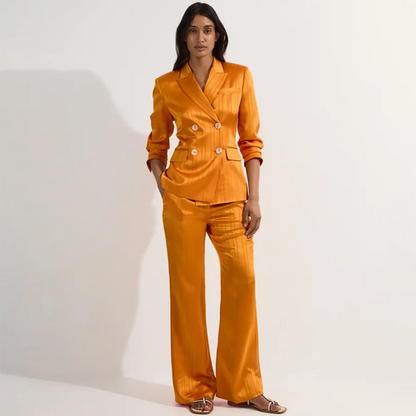 Orange Satin Pinstripe Double Breasted Blazer Suit Women's Office Workwear Tailored Jacket with Pants Elegant Business Set
