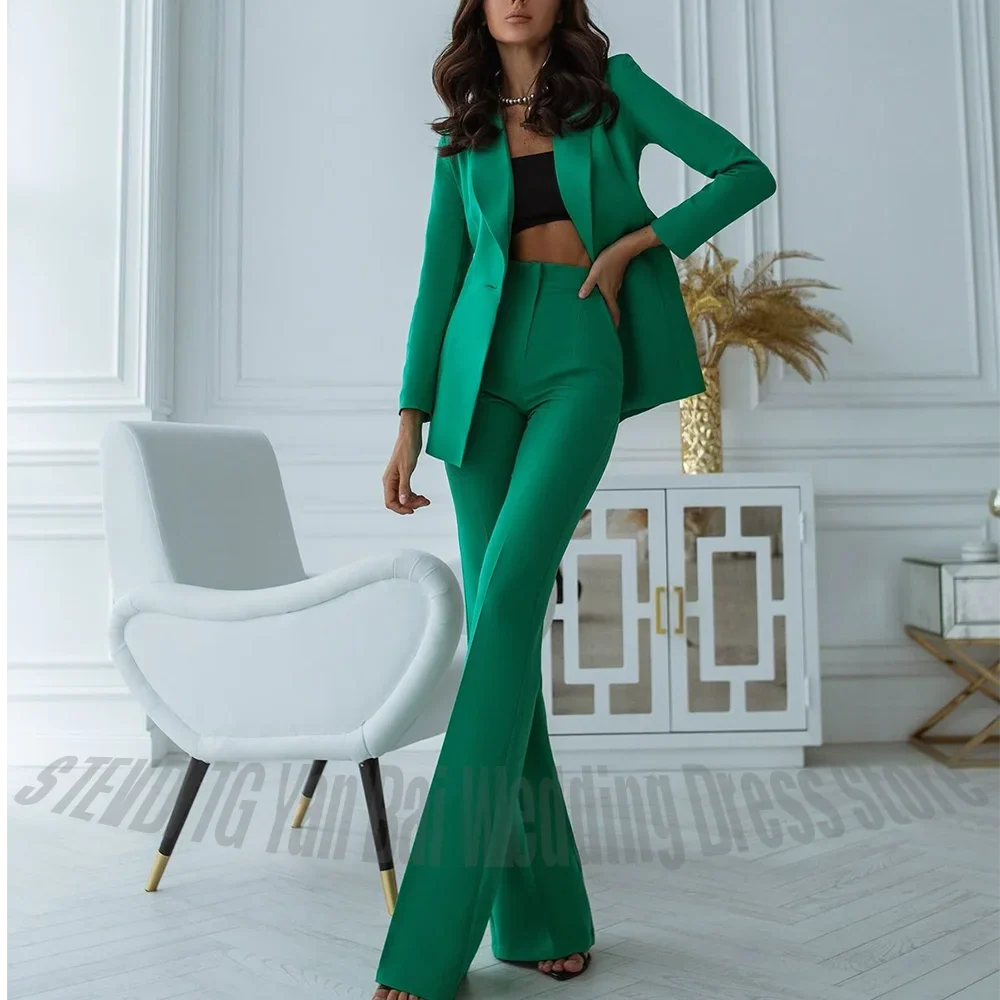 New Fashion Green Women Suit(Jacket+Pants) Single Button Unique Design Formal Business Outfit Slim Fit Matching Set 2 Piece