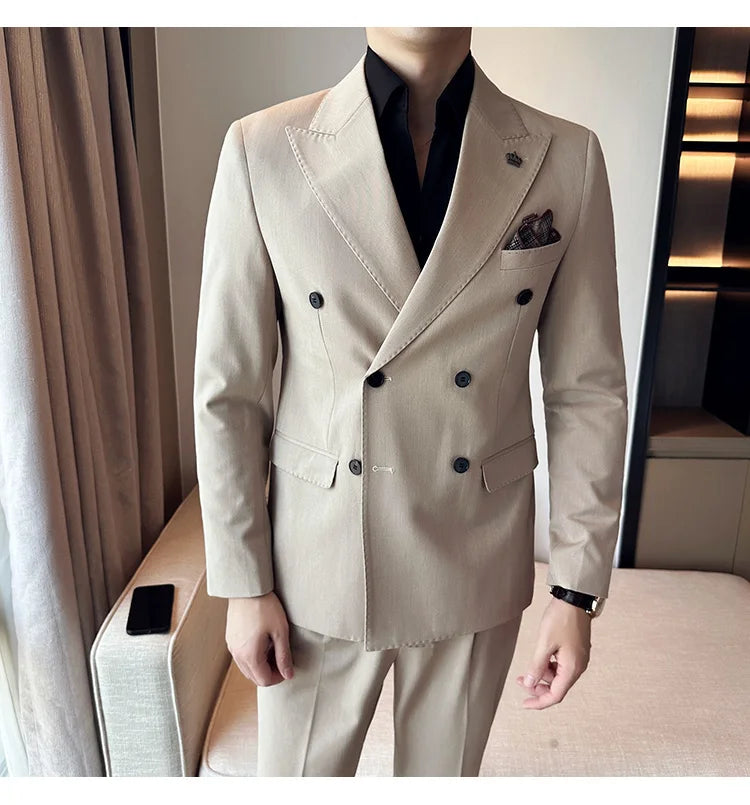 (Blazer + Trousers) Fashion Double Breasted Design Slim Men's Suit Italian Style Luxury Wedding Social Party Tuxedo 2 Piece Set