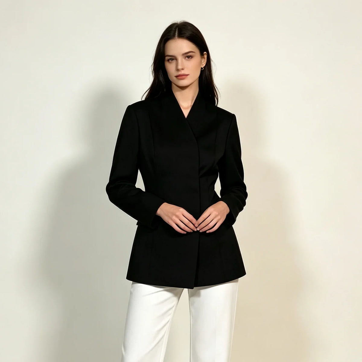 2026 New Women V Neck Blazer No Lapel Waist Shaping Suit Jacket Elegant Office Formal Outerwear 5 Colors