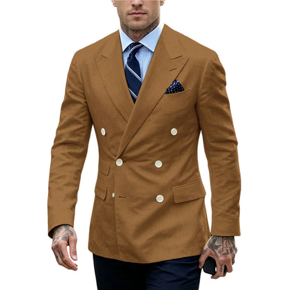 Men's Double Breasted Blazer Slim Fit Linen Suit Jacket Formal Business Casual Tuxedo for Wedding Prom Office Party Daily Wear