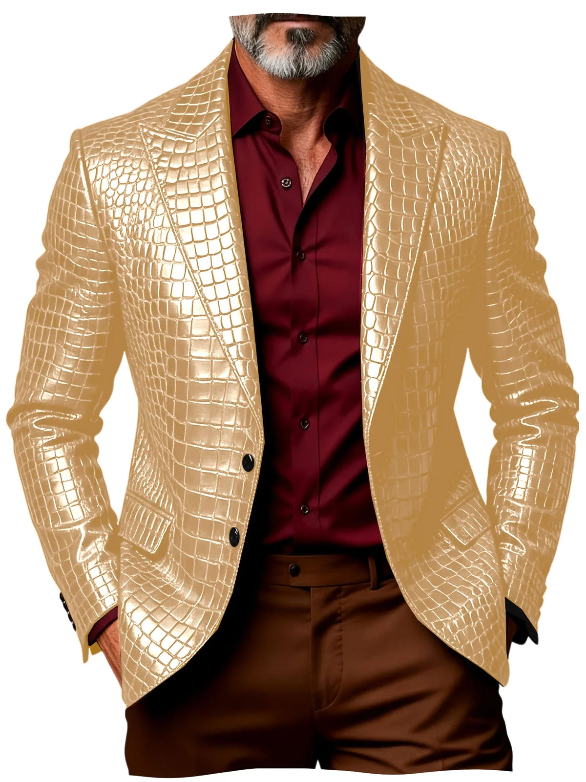 Luxury Men's Crocodile Pattern PU Leather Blazer Notch Lapel Single-Breasted 2 Button Slim Fit Jacket Business Casual for Man