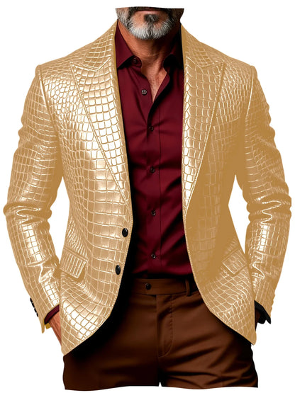 Luxury Men's Crocodile Pattern PU Leather Blazer Notch Lapel Single-Breasted 2 Button Slim Fit Jacket Business Casual for Man